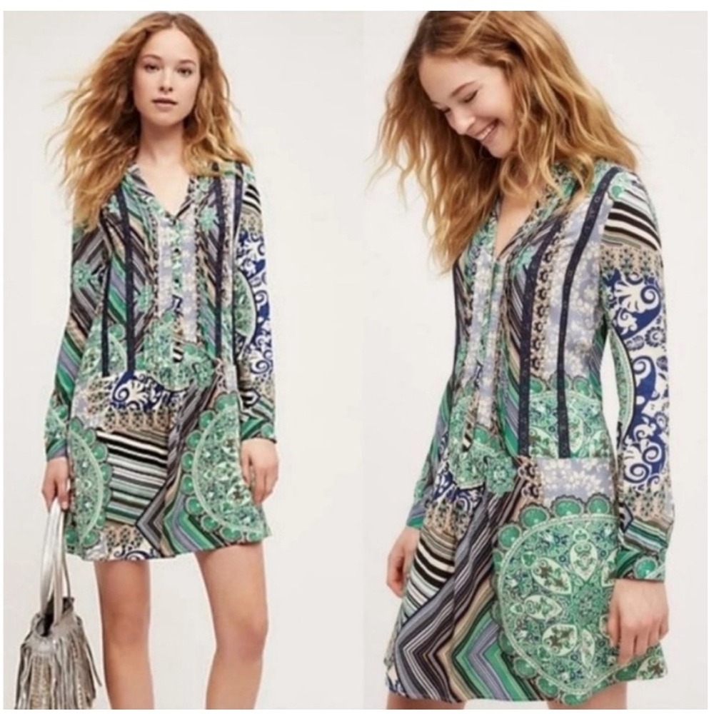 Anthropologie Tiny Petites Mixed Media Paisley Stripe Lace Trim Mini Dress XSP